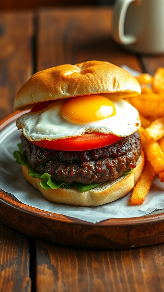 Breakfast burger with beef patty and fried egg on a wooden table with hash browns.